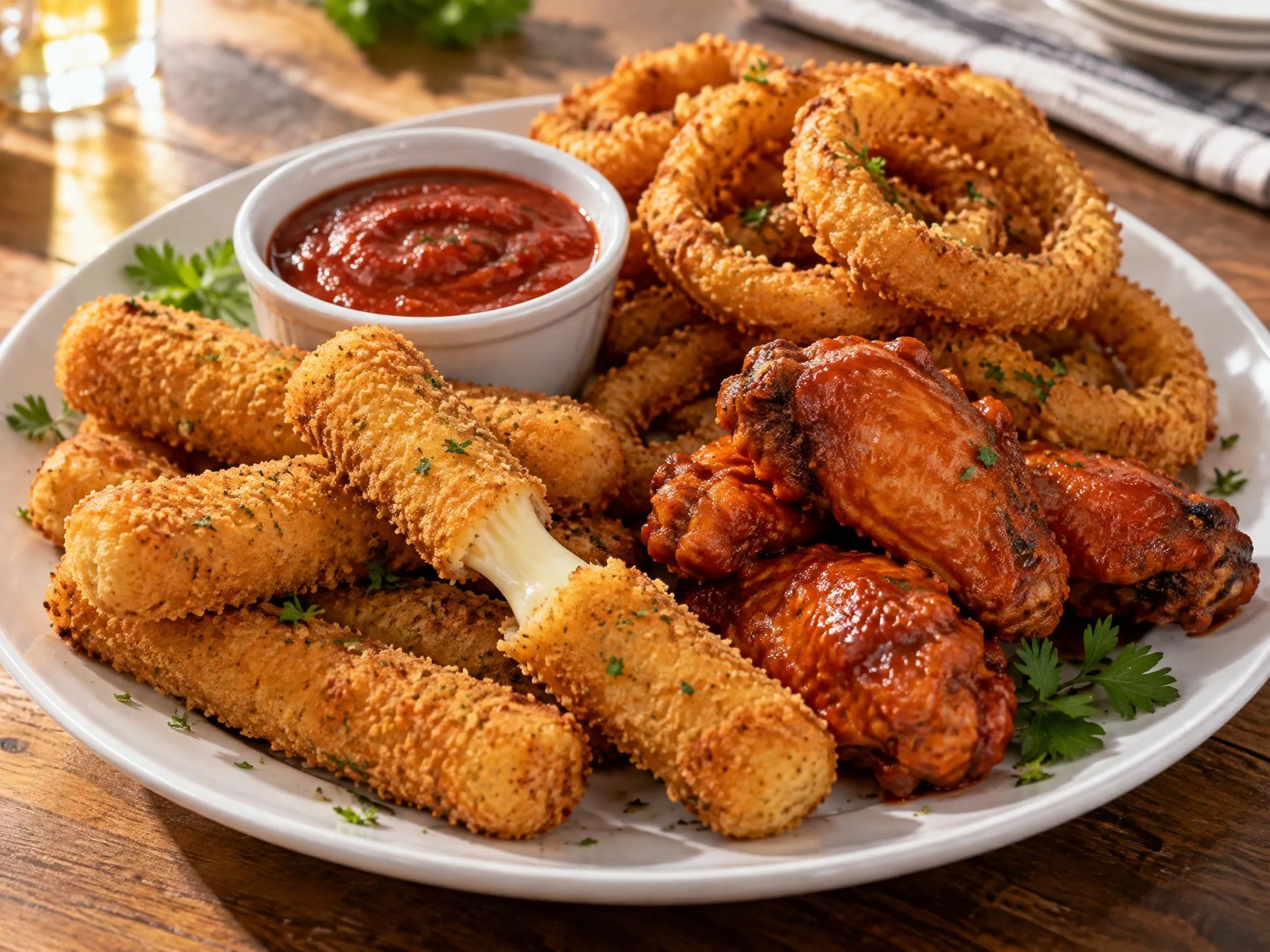 A shared appetizer platter with mozzarella sticks, onion rings, wings and marinara dipping sauce