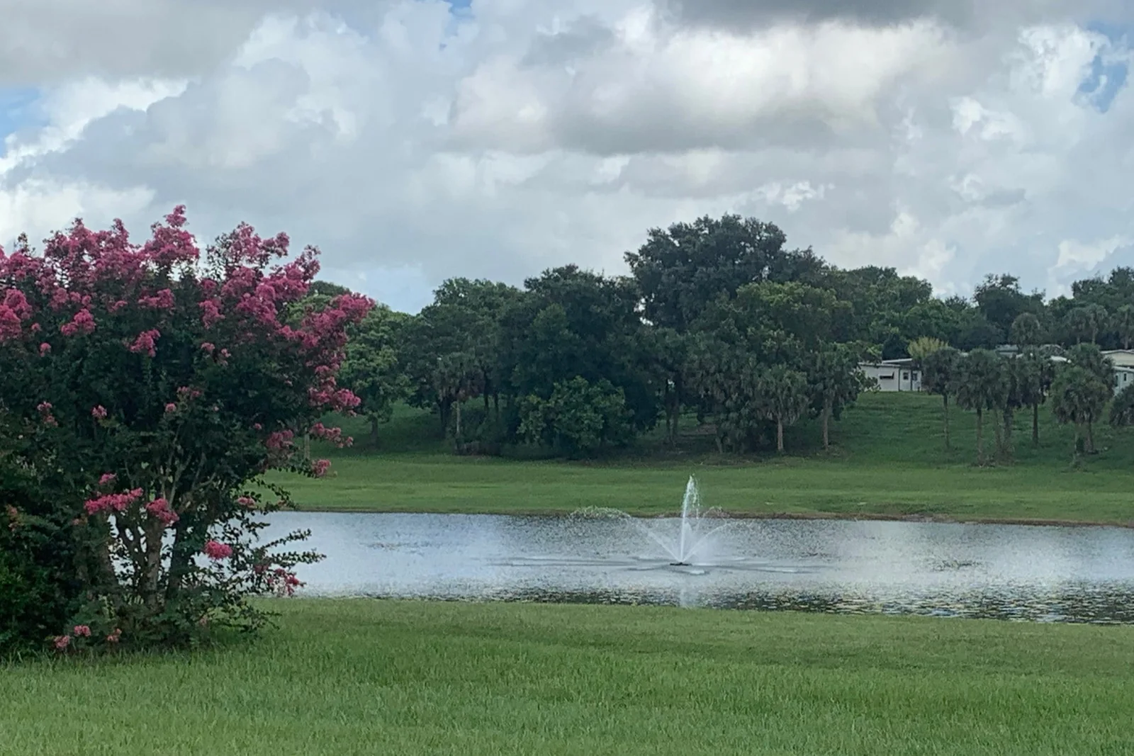 A stocked lake with a fountain in the Zellwood Station community