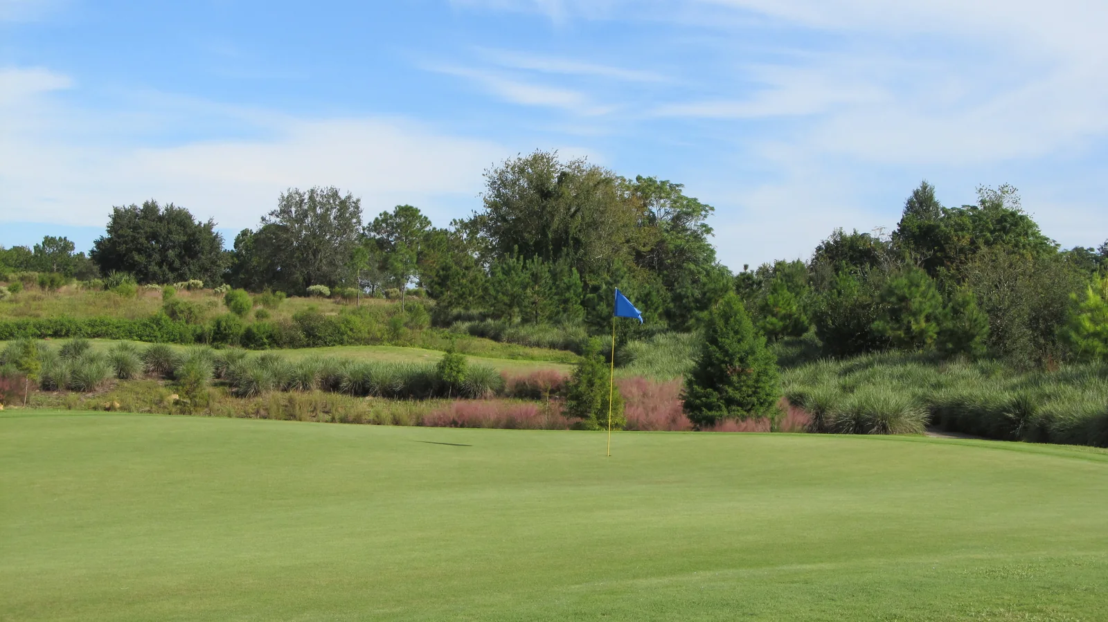 Wide fairway lined with oak trees at the Zellwood Station golf course